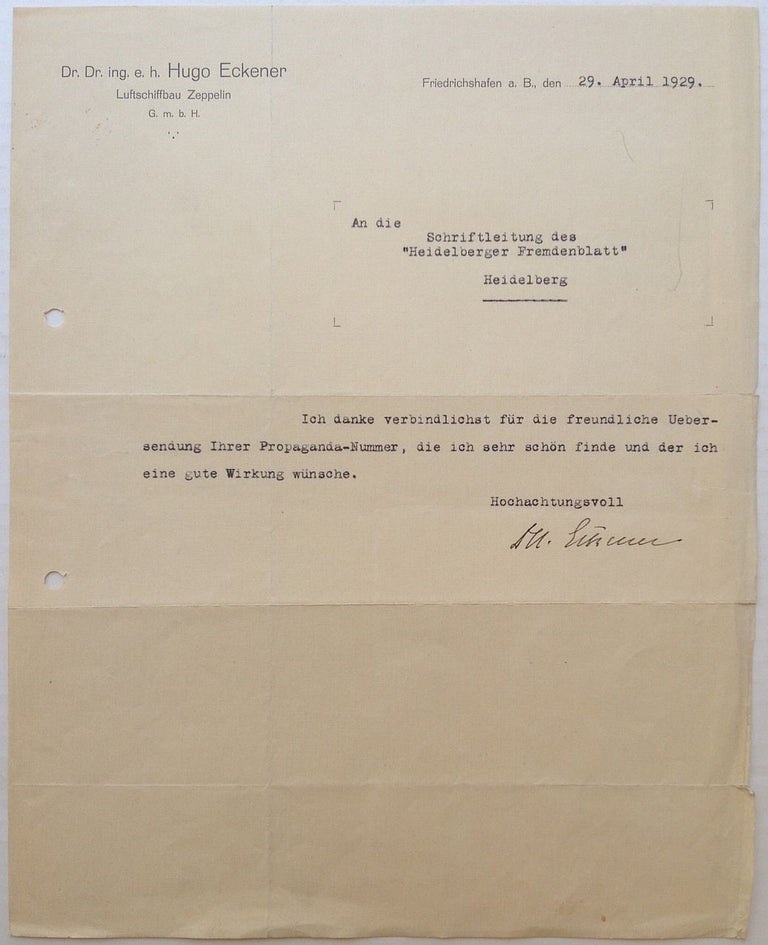 Item #5792 Typed Letter Signed in German. Hugo ECKENER, 1868 - 1954.