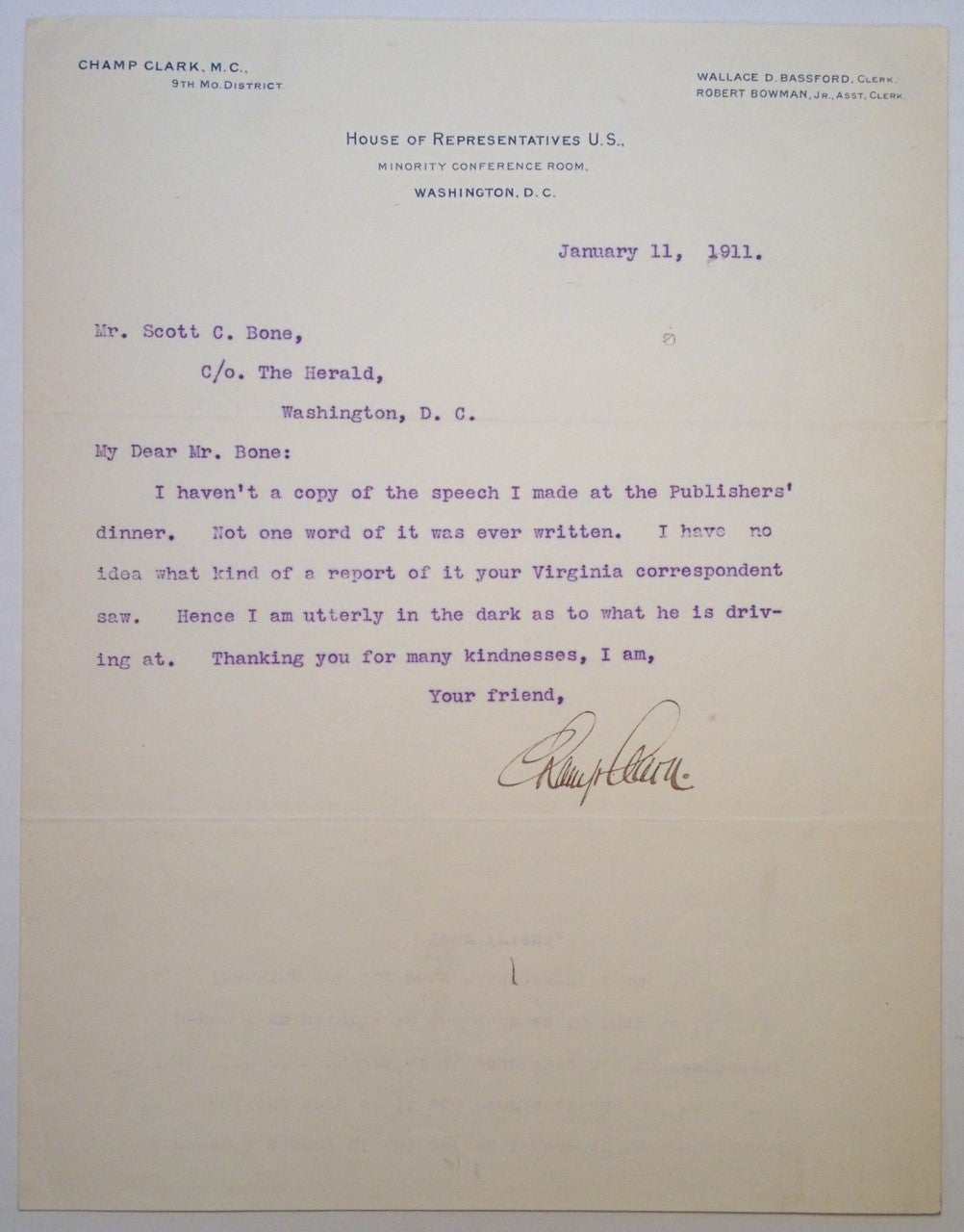 Typed Letter Signed on House of Representatives letterhead by Champ CLARK,  1850 - 1921 on Argosy Book Store