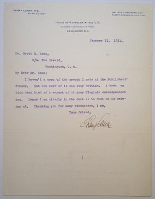 Item #6119 Typed Letter Signed on "House of Representatives" letterhead. Champ CLARK, 1850 - 1921