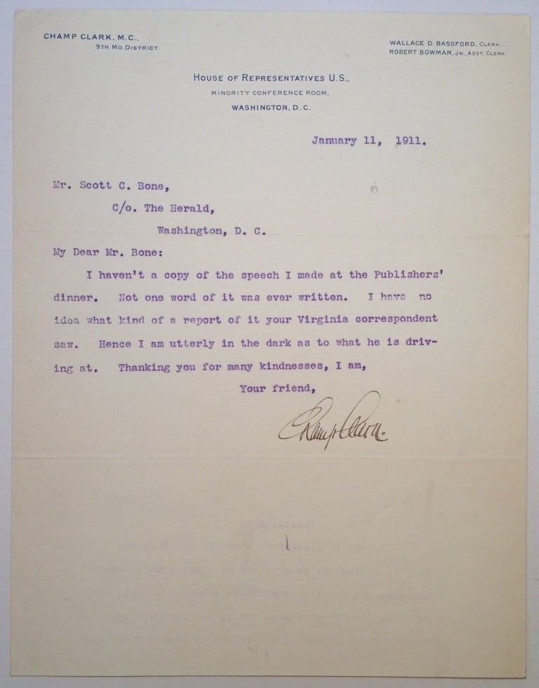Item #6119 Typed Letter Signed on "House of Representatives" letterhead. Champ CLARK, 1850 - 1921.