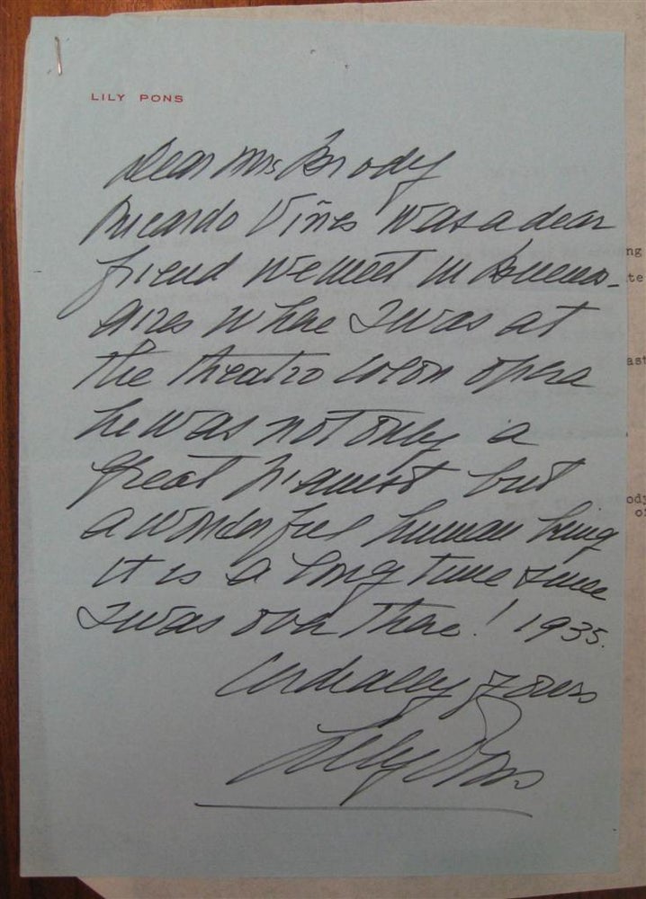 Item #6146 Autographed Letter Signed. Lily PONS.