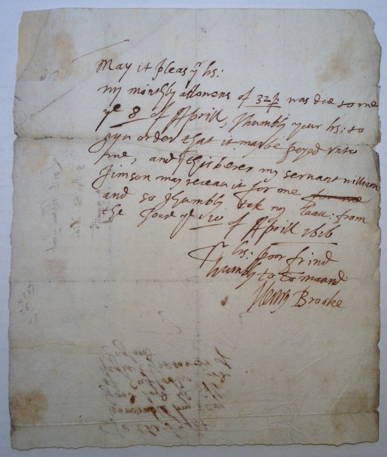 Item #6216 Autographed Letter Signed to the Earl of Suffolk. Henry - 11th Baron Cobham BROOKE, 1564 - 1619.