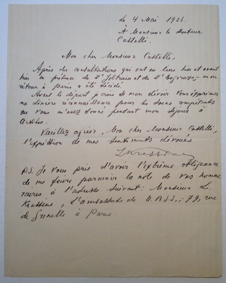 Item #6219 Autographed Letter Signed in French. Leonid Borisovich KRASSINE, 1870 - 1926.
