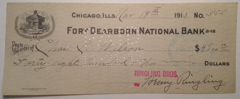 Item #93296 Signed Cancelled Check. Henry RINGLING, 1869 - 1918.
