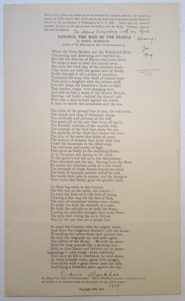 Item #94518 Inscribed Poem. Edwin MARKHAM, 1852 - 1940.